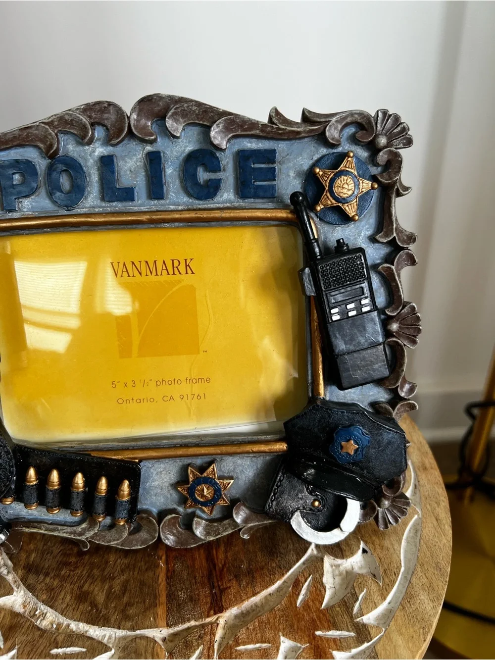 Vtg Vanmark Police-Themed Photo Frame in Blue and Silver